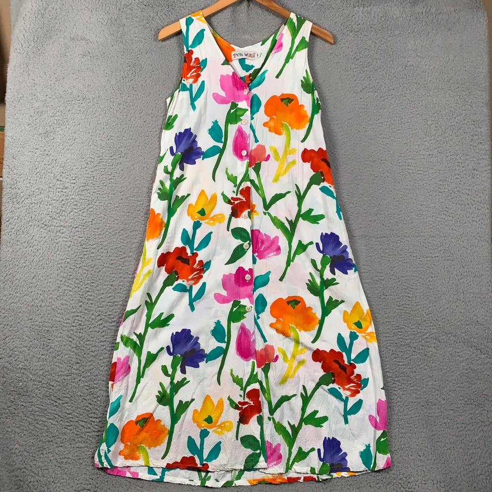 Jams World Gardena Maxi Dress Womens Medium White Floral Sleeveless Button Front